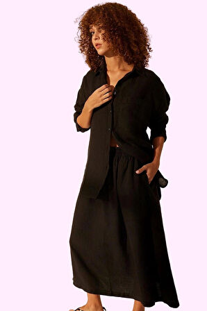 Kadın Düz Keten Midi Etek Dokuma Kumaş Rahat Yaz Kombinleri Günlük Kullanım Modern Tasarım