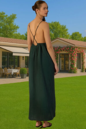 Şık Kadın Keten Maxi Elbise V Yaka Kolsuz Yazlık Rahat Kullanım Rahat Kullanım Modern Stil