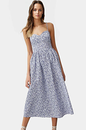 Kolsuz A Kesim Midi Elbise Çiçekli Desenli Pamuklu Yazlık Konforlu Uzun Ömürlü