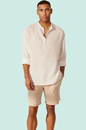 Erkek Yazlık Keten Gömlek Regular Hakim Yaka Uzun Kollu Rahat ve Şık Yaz Aylarının Vazgeçilmezi