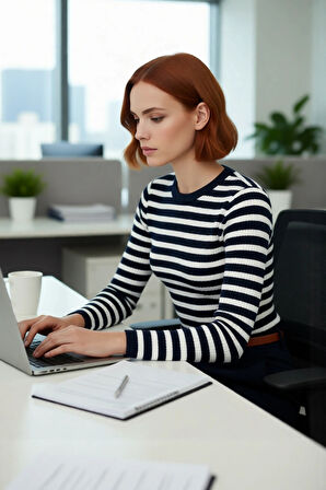 Kadın Casual Çizgili Bisiklet Yaka Fitted Akrilik Uzun Kol Triko Basic Günlük Kazak Kaliteli