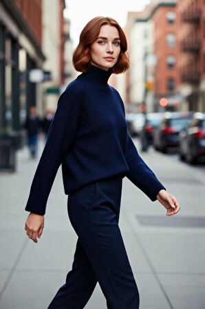 Kadın Oversize Dik Yaka Kışlık Triko Kazak Düz Düşük Kol Modern ve Şık Günlük Kombinler İçin