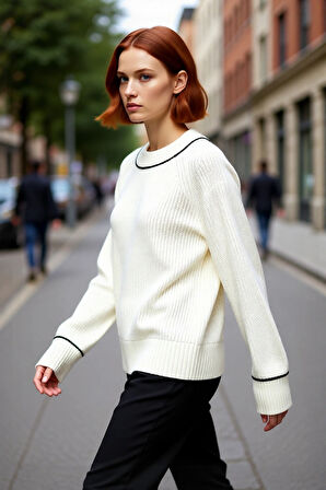 Kadın Casual Selanik Örgü Uzun Kol Biye Detaylı Bisiklet Yaka Triko Kazak Kış Modasına Uyumlu.