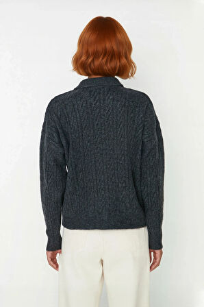 Kadın Kışlık Oversize Polo Yaka Saç Örgü Triko Kazak Düşük Uzun Kollu Basic Rahat Tasarım Kaliteli