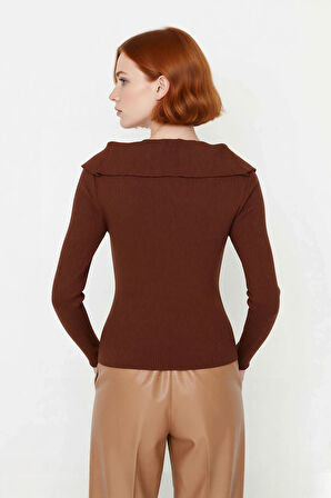 Kadın Modern Fitted Triko Bluz Devrik Carmen Yaka İnce Fitilli Dokuma Uzun Kol Crop Tasarım