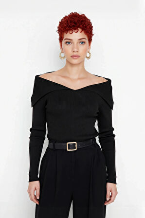 Kadın Modern Fitted Triko Bluz Devrik Carmen Yaka İnce Fitilli Dokuma Uzun Kol Crop Tasarım