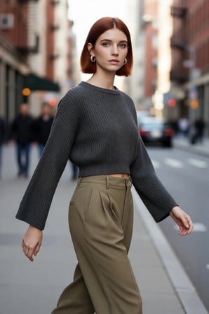Kadın Gri Oversize Selanik Dokuma Bisiklet Yaka İspanyol Kol Crop Akrilik Triko Kazak Kaliteli