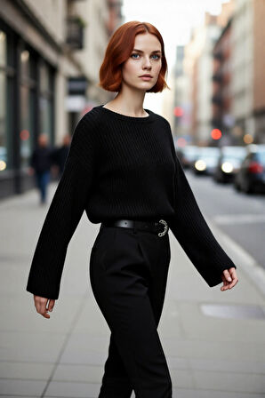 Kadın Gri Oversize Selanik Dokuma Bisiklet Yaka İspanyol Kol Crop Akrilik Triko Kazak Kaliteli