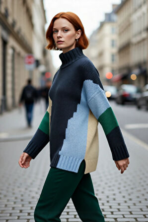 Kadın Oversize Dik Yaka Bej Renk Bloklu Düşük Kol Uzun Triko Kazak Kış Günleri İçin İdeal Seçim