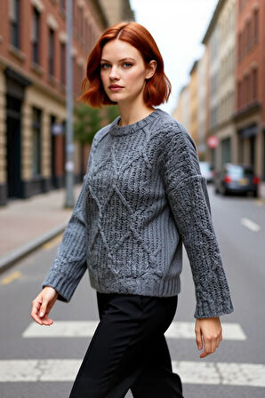 Kadın Günlük Oversize Kesim Saç Örgüsü Desenli Triko Kazak Kış Sonbahar İçin Bisiklet Yaka