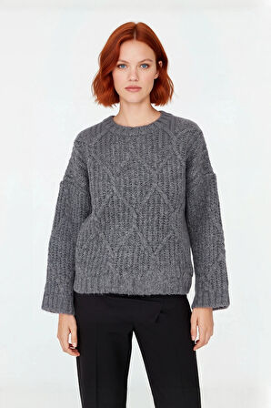 Kadın Günlük Oversize Kesim Saç Örgüsü Desenli Triko Kazak Kış Sonbahar İçin Bisiklet Yaka