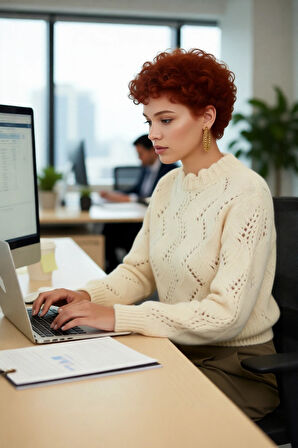 Kadın Ekru Kalın Dokulu Regular Fit Ajurlu Triko Kazak Uzun Kollu Süper Crop Dik Yaka Sonbahar Kış