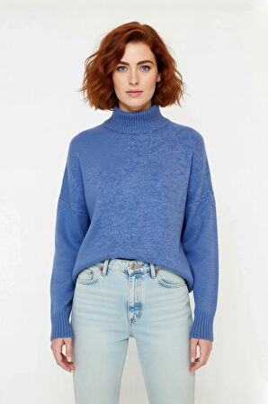 Kadın Günlük Oversize Düşük Kol Dik Yaka Uzun Triko Kazak Kışlık Şık Basic Rahatlık Sunar Kaliteli