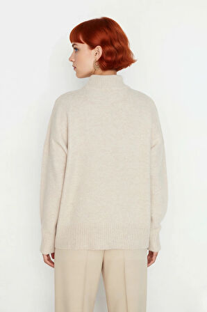 Kadın Günlük Oversize Düşük Kol Dik Yaka Uzun Triko Kazak Kışlık Şık Basic Rahatlık Sunar Kaliteli