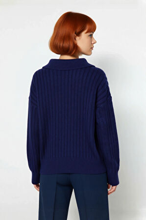 Modern Kadın Oversize Polo Yaka Triko Kazak Rahat Düşük Kol Fitilli Dokusuyla Kış Gardırobunuzun