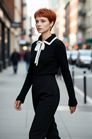 Kadın Akrilik Triko Kazak Polo Yaka Detaylı Renk Bloklu Uzun Kollu Kış Sezonu İçin Şık ve Rahat