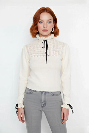 Kadın Casual Regular Kalıp Ajurlu Dik Yaka Bağcıklı Standart Kollu Triko Kazak Soğuk Havalar İçin