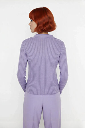 Kadınlar İçin Uzun Kollu Regular Fitilli Triko Kazak Polo Yaka Detaylı Kışlık Şık Görünüm Kaliteli