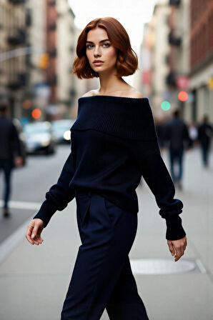 Kadın Triko Kışlık Kazak Regular Kalıp Uzun Kollu Carmen Yaka Günlük ve Şık Kombinler İçin