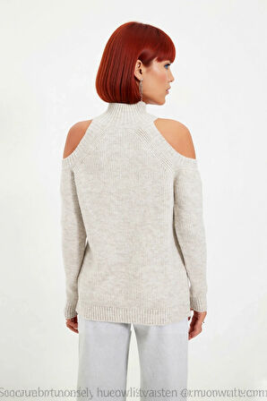 Kadınlara Özel Simli Selanik Dokuma Dik Yaka Omuz Dekolteli Triko Kazak Kış Kombinleri İçin