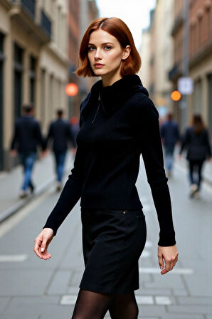 Kadın Basic Fitted Kürklü Yaka Triko Kazak Uzun Kollu Gündüz Gece Şıklığı İçin İdeal Kombin Parçası