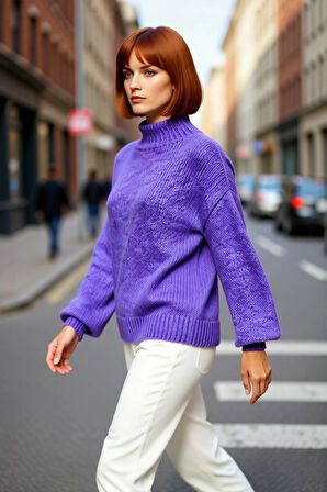 Kadın Kalın Oversize Triko Kazak Dik Yaka Detayıyla Casual Kombinlerin Vazgeçilmezi Kaliteli