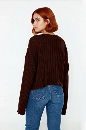 Kadın Basic V Yaka Geniş Kalıp Uzun Kollu Yünlü Triko Kazak Fitilli Dokusuyla Gün Boyu Konfor Sunar