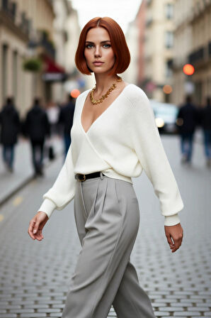 Kadın Casual V Yaka Kruvaze Triko Kazak Regular Kalıp Tek Plaka Dokuma Rahat Kışlık Seçim Kaliteli