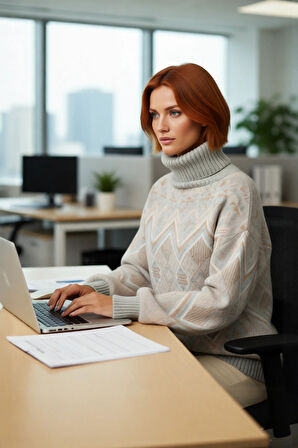 Kadın Uzun Kollu Oversize Kesim Etnik Desenli Balıkçı Yaka Akrilik Triko Kazak Günlük Giyim