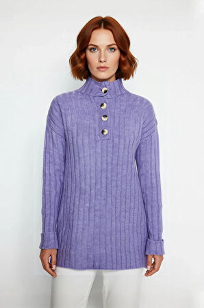 Kadın Ekru Rahat Kalıp Düz Desen Düğmeli Yaka Triko Kazak Sonbahar Kış Gardıropların Yıldızı