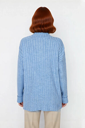 Kadın Ekru Rahat Kalıp Düz Desen Düğmeli Yaka Triko Kazak Sonbahar Kış Gardıropların Yıldızı