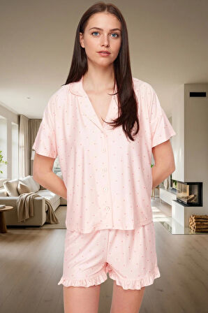 Örme Kumaş Puantiyeli Fırfır Detaylı 2'li Pijama Takımı Şık Görünüm Premium Kalite