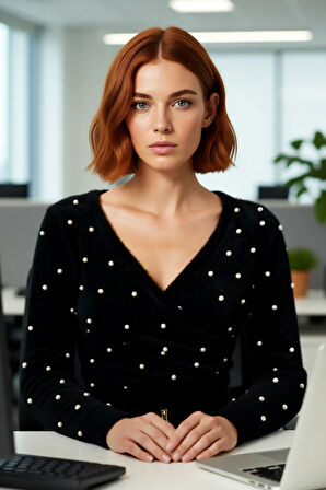 Kadın V Yaka Siyah Tüylü İşlemeli İnci Detaylı Kruvaze Kesim Super Crop Triko Kazak Kış Şıklığı