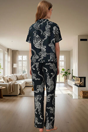 Rahat Ev Giyim %100 Viskon Kaplan Desenli Pijama Takımı Modern Stil Mükemmel Uyum Trend Tasarım