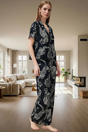 Rahat Ev Giyim %100 Viskon Kaplan Desenli Pijama Takımı Modern Stil Mükemmel Uyum Trend Tasarım