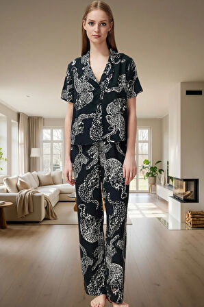 Rahat Ev Giyim %100 Viskon Kaplan Desenli Pijama Takımı Modern Stil Mükemmel Uyum Trend Tasarım