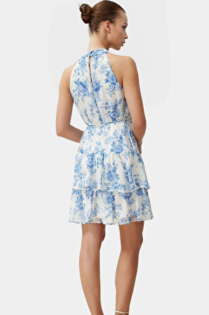 Rahat Mini Elbise Halter Yaka Belden Açılan Etek Dokuma Kumaş Günlük Şık Kaliteli İşçilik