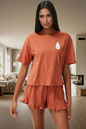 Baskılı Örme Pijama Takımı Fırfırlı Şort ve Rahat Tişört Yaz İçin İdeal Kaliteli İşçilik