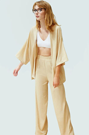 Polyester Örme Kadın Kimono Pantolon Takım Günlük Şıklık İçin Rahat Kullanım Seçkin Malzeme