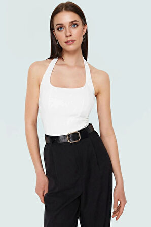 Rahat ve Şık Scuba Krep Crop Bluz Halter Yaka Polyester Karışımı Özenle Seçilmiş