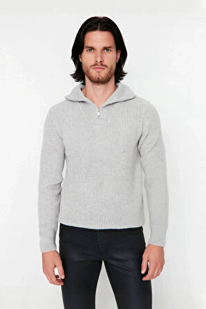 Erkek Casual Giyim İçin İdeal Regular Fit Düz Desen Fermuarlı Balıkçı Yaka Kalın Triko Kazak