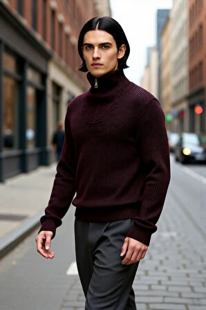 Erkek Casual Giyim İçin İdeal Regular Fit Düz Desen Fermuarlı Balıkçı Yaka Kalın Triko Kazak