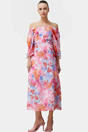 Polyester Şifon Maxi Elbise A line Truvakar Kol Çiçekli Kaliteli İşçilik Seçkin Malzeme