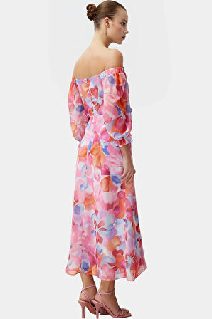 Polyester Şifon Maxi Elbise A line Truvakar Kol Çiçekli Kaliteli İşçilik Seçkin Malzeme