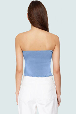 Asimetrik Kalp Yaka Örme Bluz Polyester Crop Buzzy Dokuma Yazlık Rahat Modern Stil Özel Tasarım