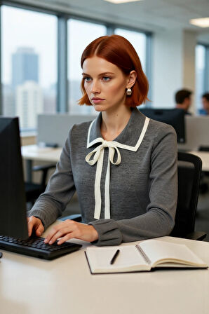 Kadın Akrilik Triko Kazak Polo Yaka Detaylı Renk Bloklu Uzun Kollu Kış Sezonu İçin Şık ve Rahat