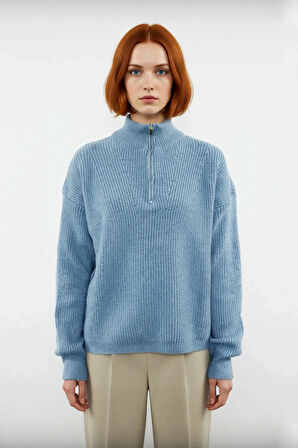 Kadın Oversize Rahat Kesim Düşük Kol Fermuarlı Dik Yaka Triko Selanik Örgü Uzun Kollu Kazak