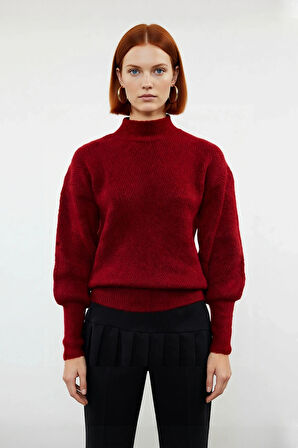 Kadın Oversize Kışlık Triko Kazak Dik Yaka Balon Kol Detaylı Zigzag Desenli Günlük Şıklık Kaliteli