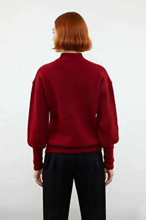 Kadın Oversize Kışlık Triko Kazak Dik Yaka Balon Kol Detaylı Zigzag Desenli Günlük Şıklık Kaliteli