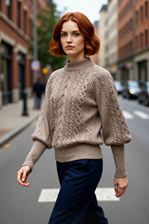 Kadın Regular Fit Yumuşak Dokulu Triko Kazak Balon Kol Dik Yaka Saç Örgü Kış Sezonu Şıklığı